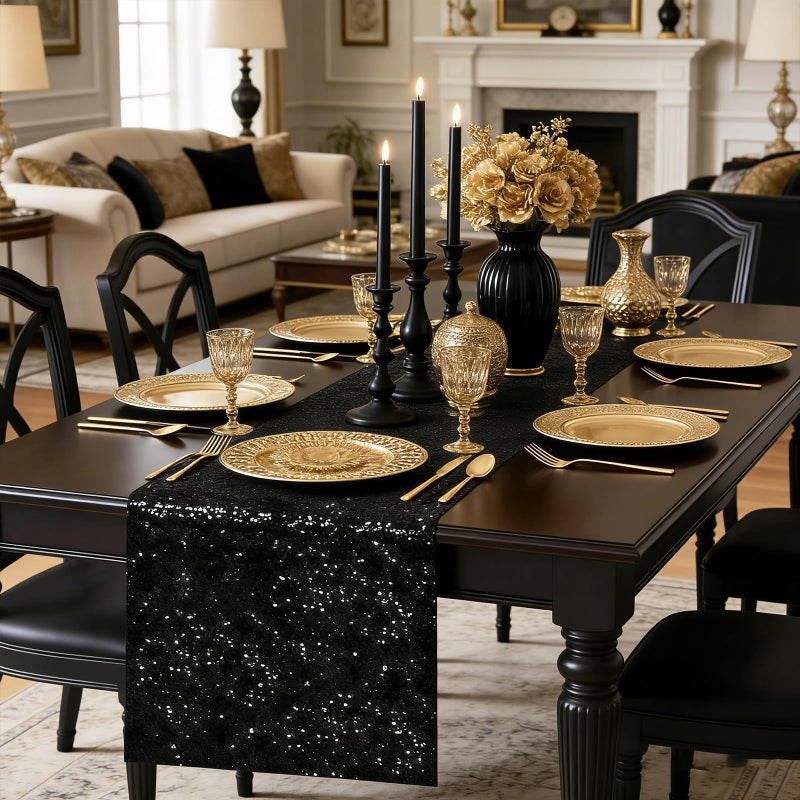 yuboo Black Sequin Table Runner, 2 Pack Glitter 12''x108'' Table Cloth for Black and Gold Decorations, Birthday, Wedding, Goth Party Decorations - Image 1